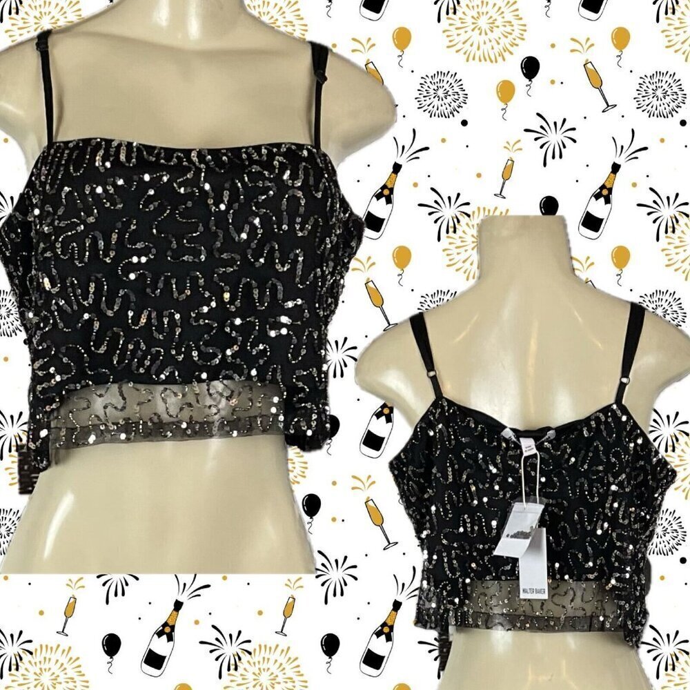 Walter Baker Xl Jrs Black Swirl Sequin Beaded Mesh Lined Crop Camisole Tiana Top